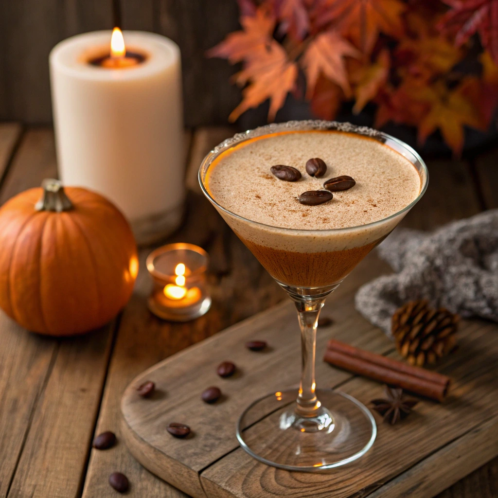Pumpkin Spice Espresso Martini fall cocktail on rustic table