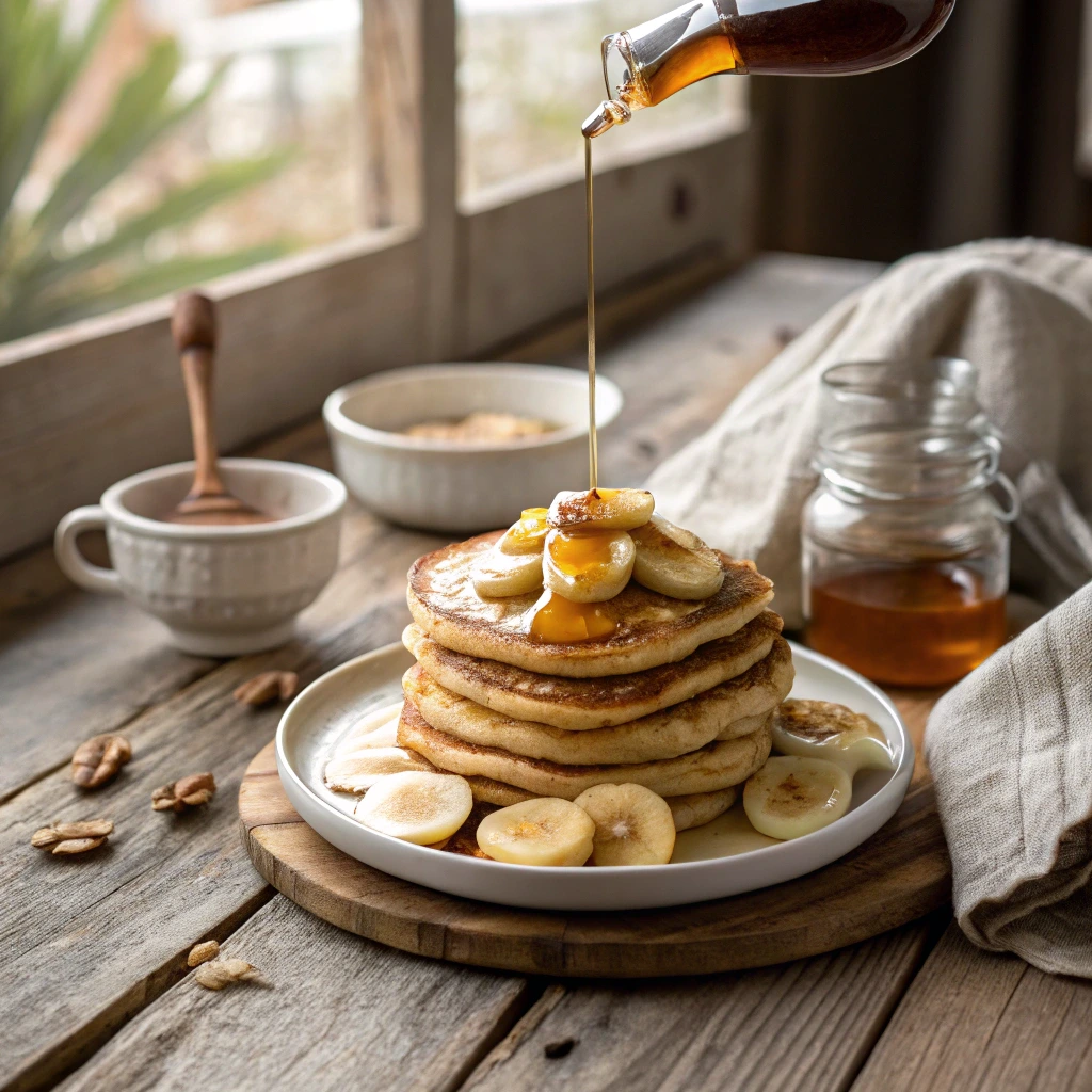 Kodiak Banana Pancakes stack with bananas and syrup