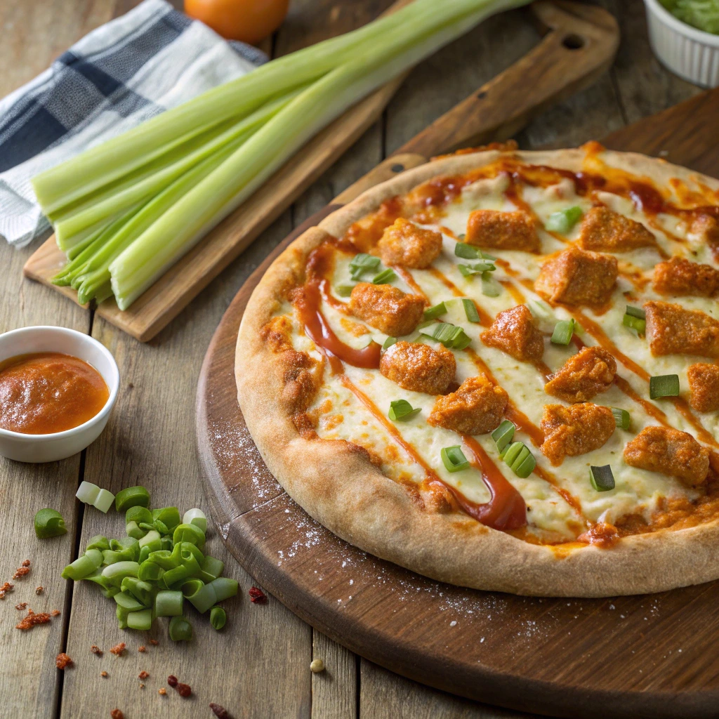 Fiery buffalo chicken pizza with golden crust and toppings