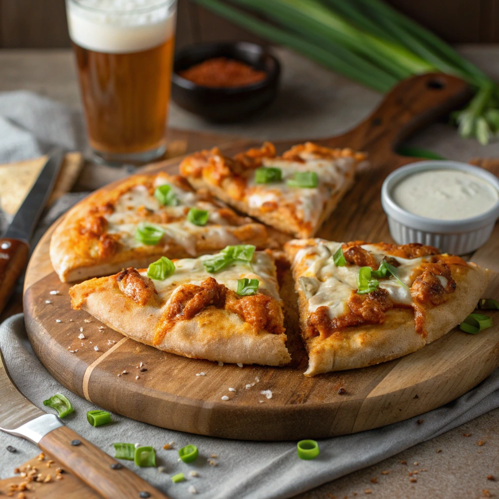 Sliced fiery buffalo chicken pizza served with ranch dip