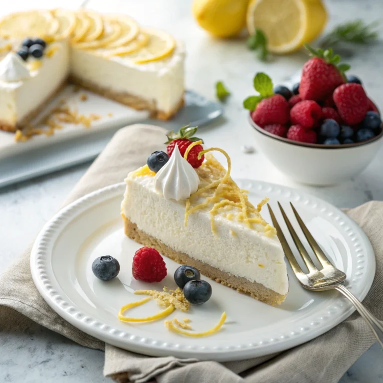 Slice of lemon meringue cheesecake with garnish