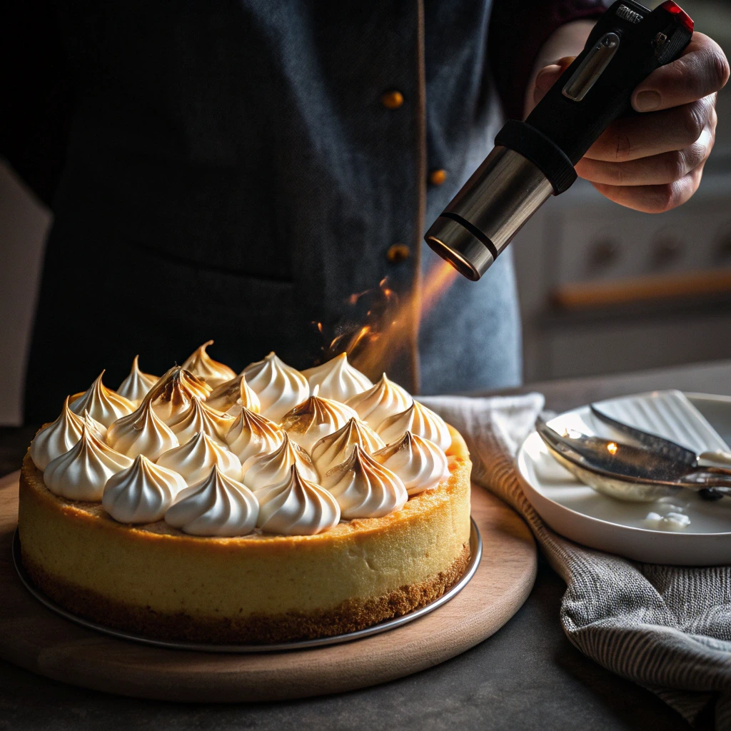 Toasting meringue topping on lemon meringue cheesecake