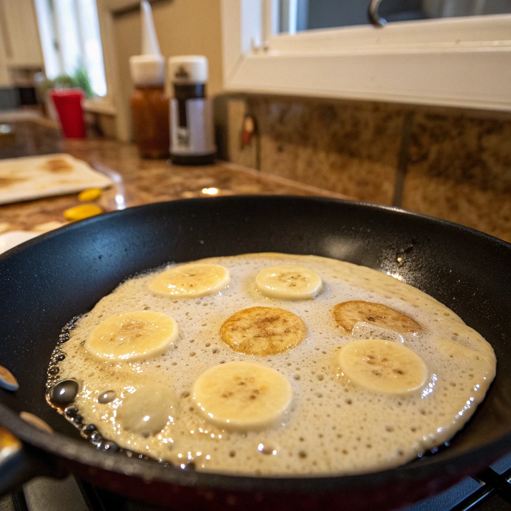 Kodiak Banana Pancakes cooking on skillet