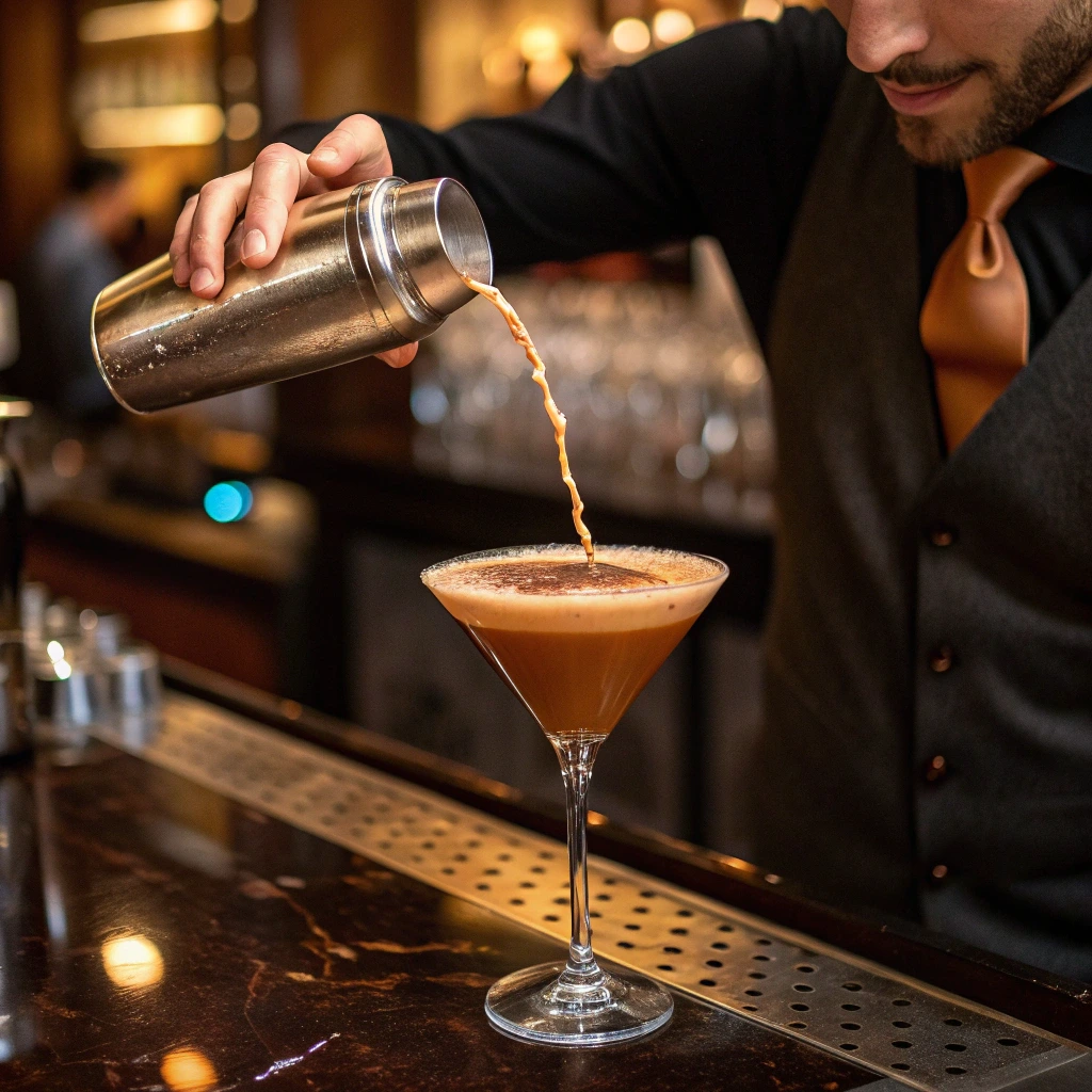 Pouring Pumpkin Spice Espresso Martini into a glass