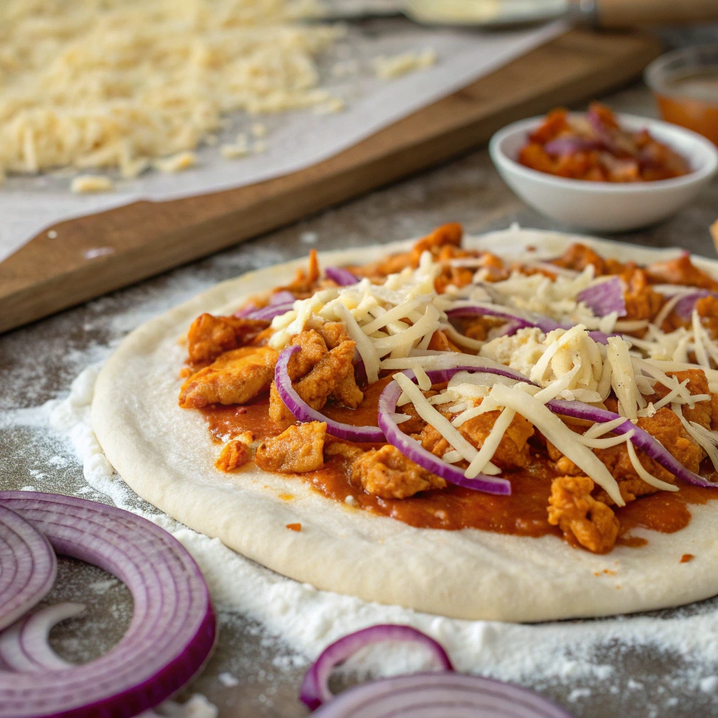 Assembling fiery buffalo chicken pizza with toppings