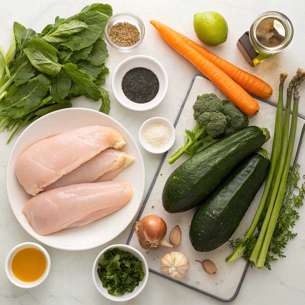 AIP lunch recipe ingredients with chicken, vegetables, and herbs