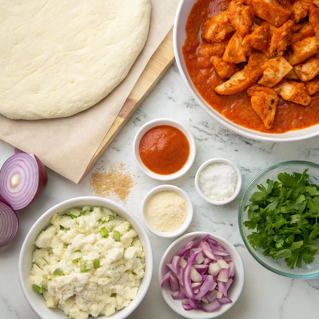 Ingredients for fiery buffalo chicken pizza on table