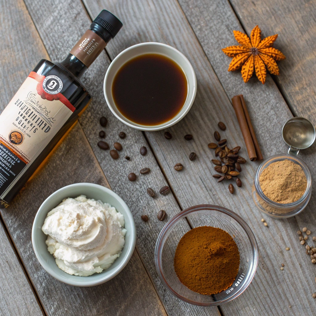 Pumpkin Spice Espresso Martini ingredients flat lay
