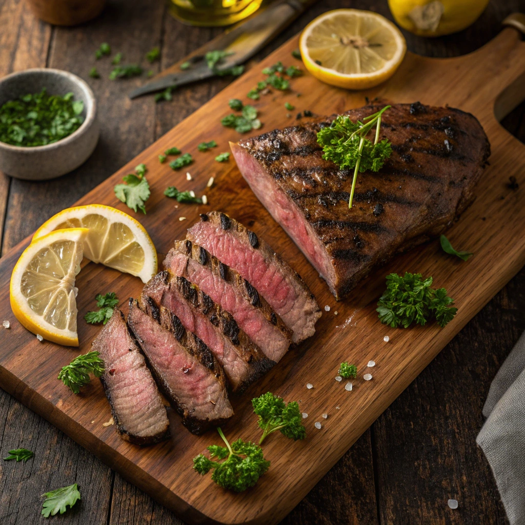 Pioneer Woman London Broil Recipe featured steak sliced with garnish