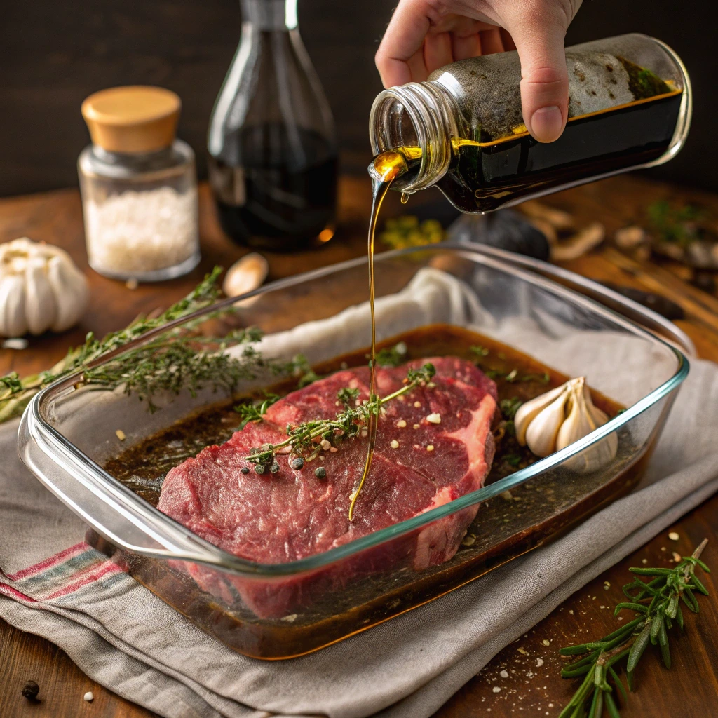 Pioneer Woman London Broil Recipe beef marinating in glass dish