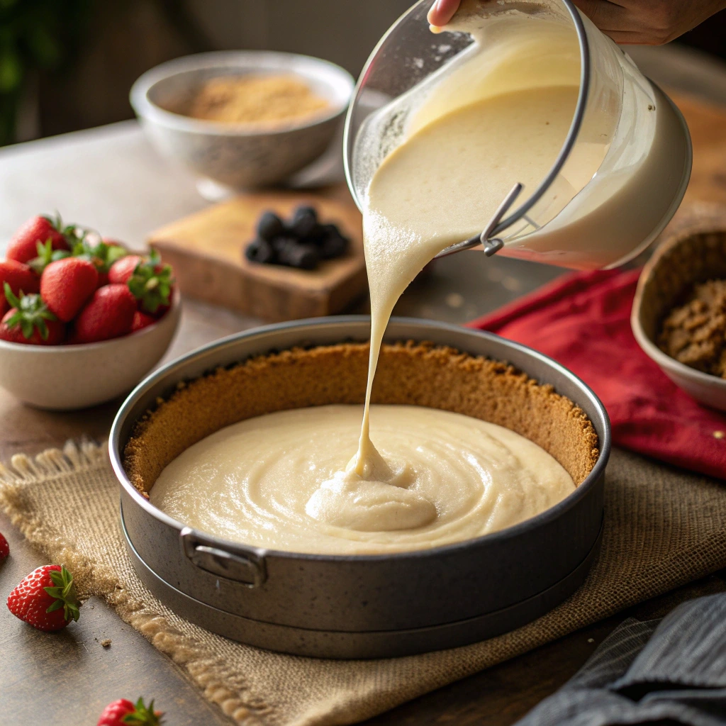 Pouring cheesecake batter into crust for lemon meringue cheesecake