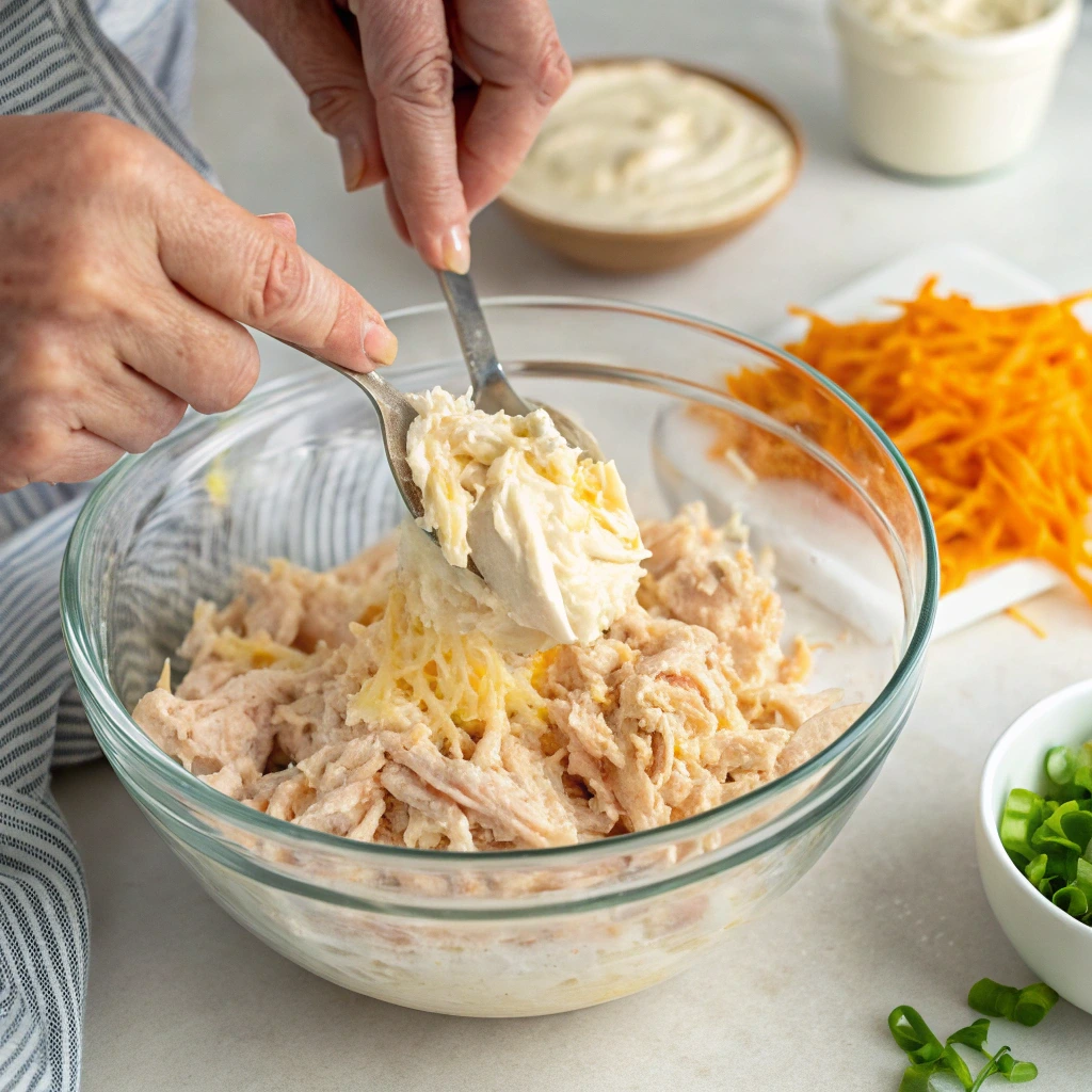 Mixing Sassy Scotty Chicken Salad Chick Recipe in Bowl