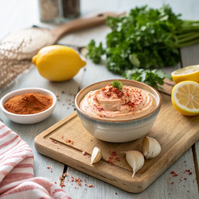 Smoked Paprika Aioli in a rustic bowl with paprika and lemon