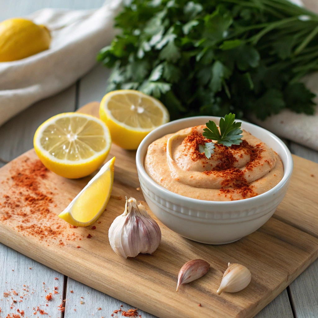 Smoked Paprika Aioli in a rustic bowl with paprika and lemon