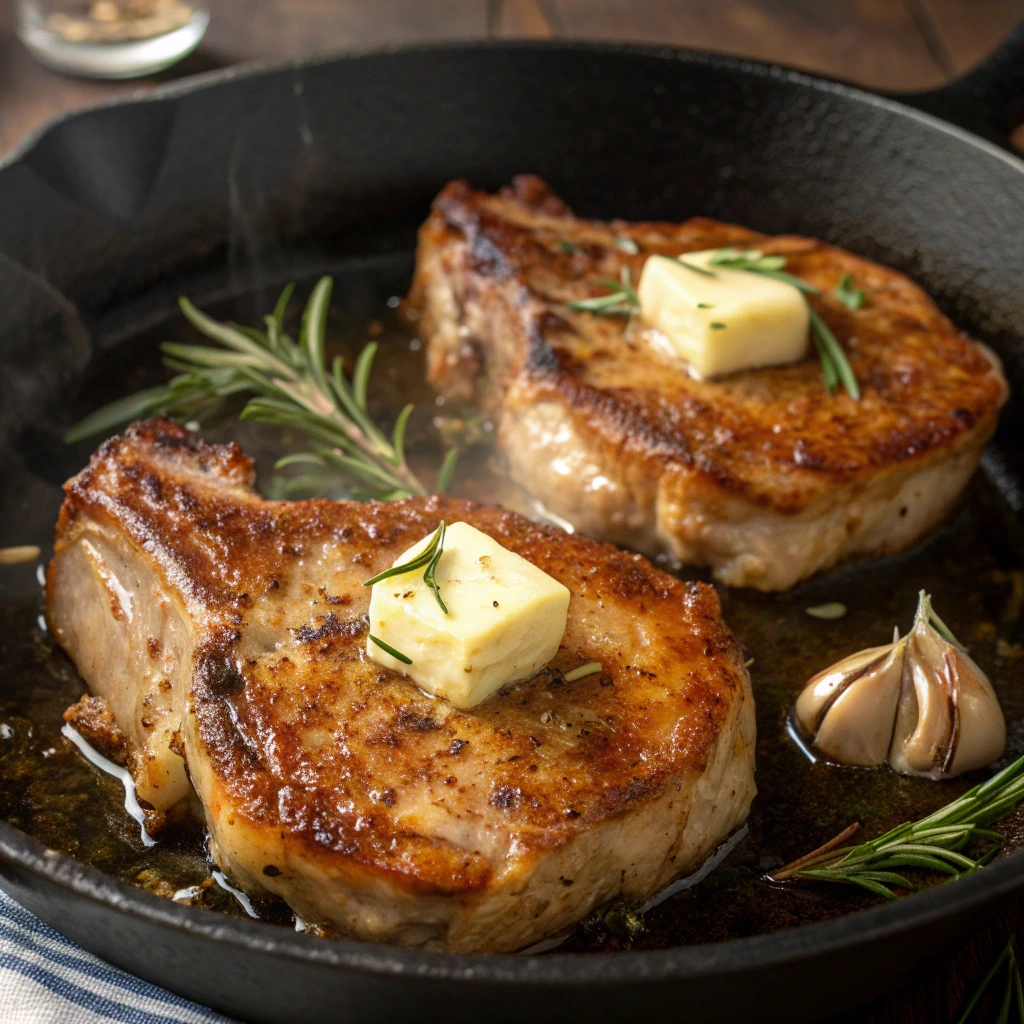 Perry’s Pork Chop Recipe cooking process in cast-iron skillet