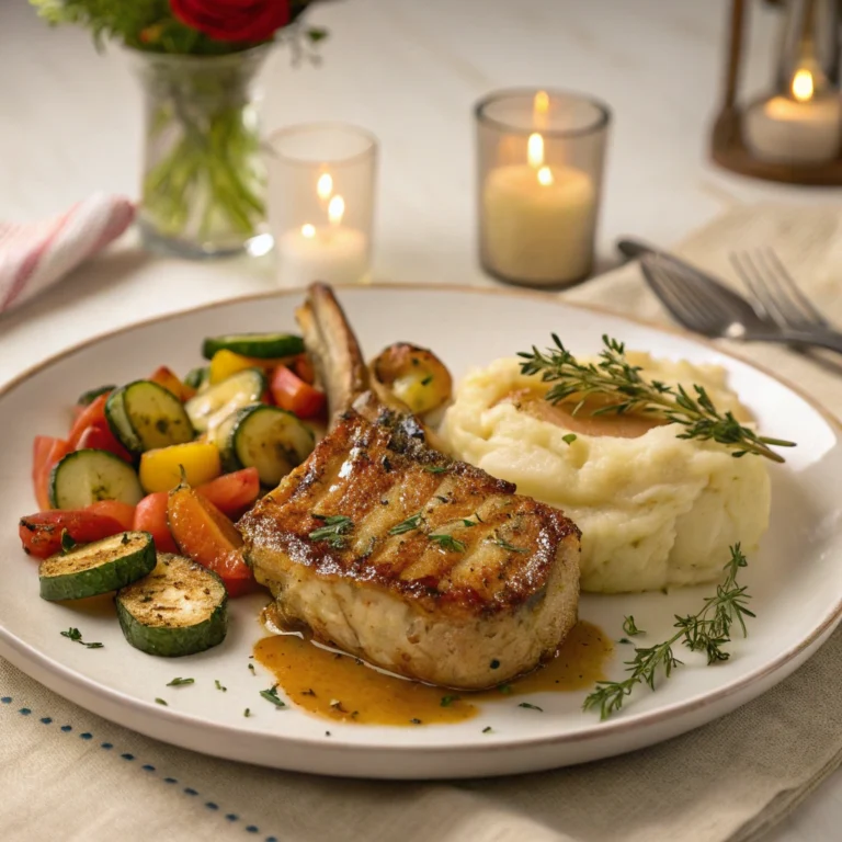 Perry’s Pork Chop Recipe served with mashed potatoes and roasted vegetables