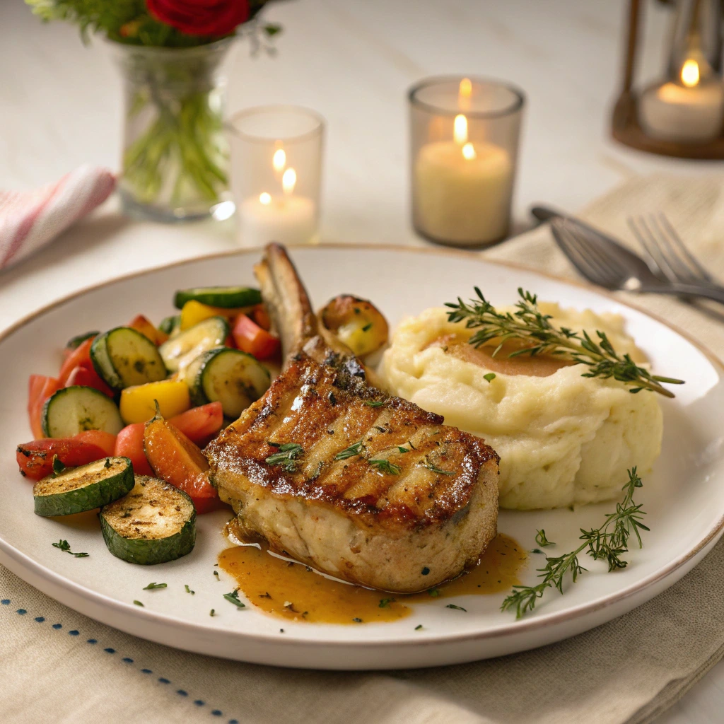 Perry’s Pork Chop Recipe served with mashed potatoes and roasted vegetables
