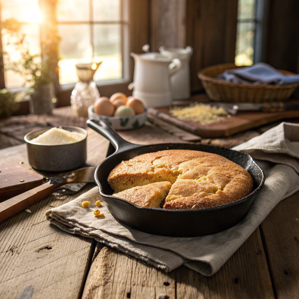 Southern cornbread no eggs in a cast-iron skillet