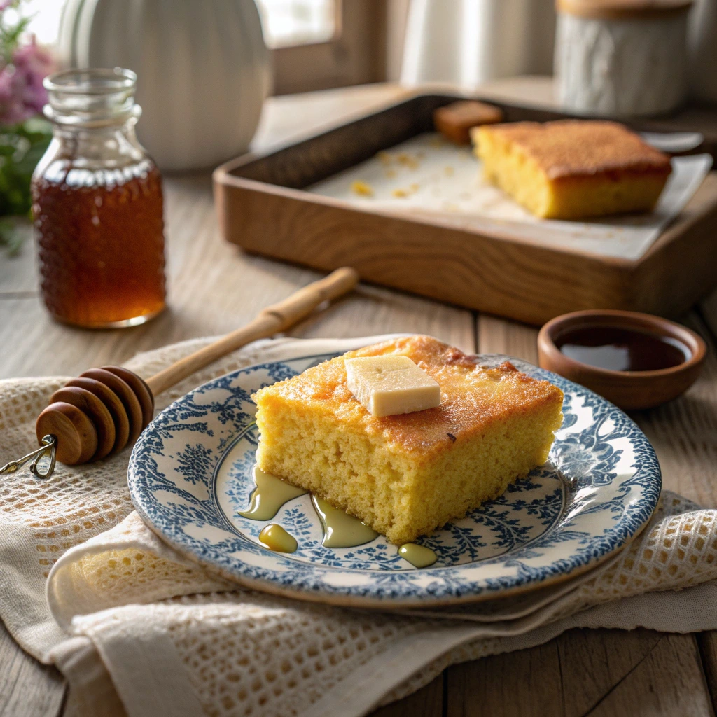 Slice of Southern cornbread no eggs served with butter