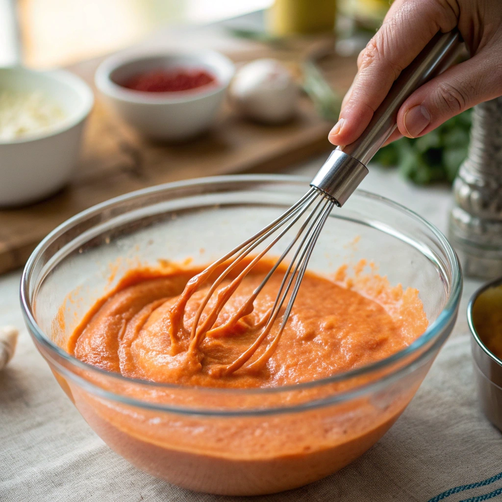 Whisking Smoked Paprika Aioli in a glass bowl