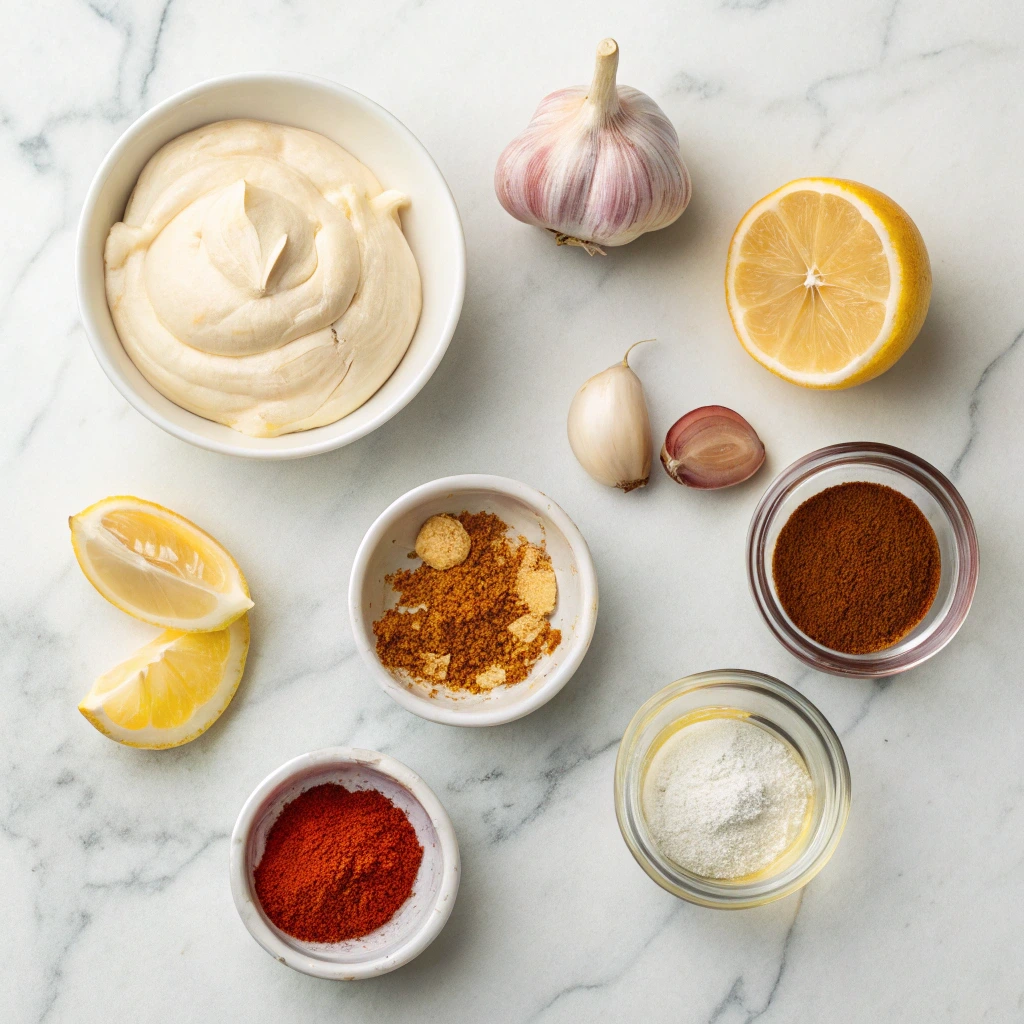 Ingredients for Smoked Paprika Aioli on marble background